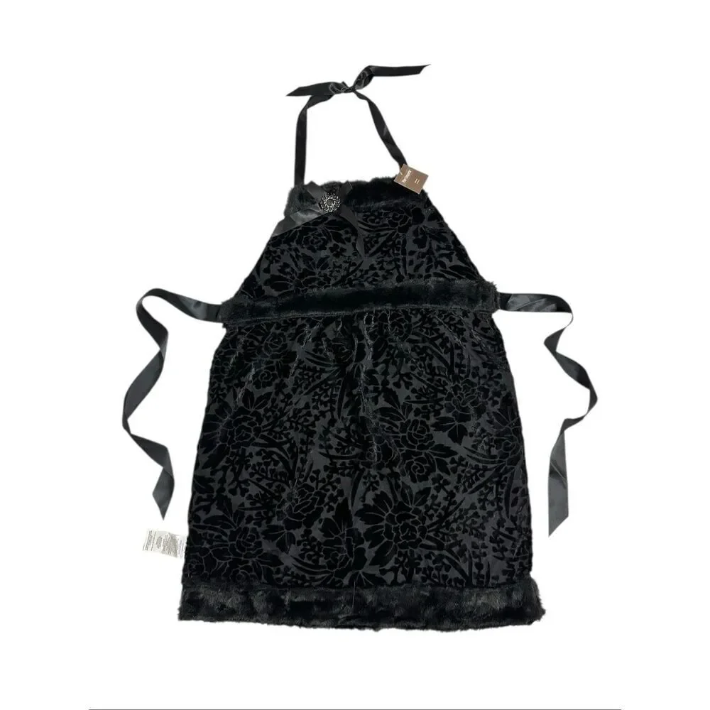 Pier 1 Imports Black Burnout Velvet Faux Fur Hostess Apron Holidays Goth NWT